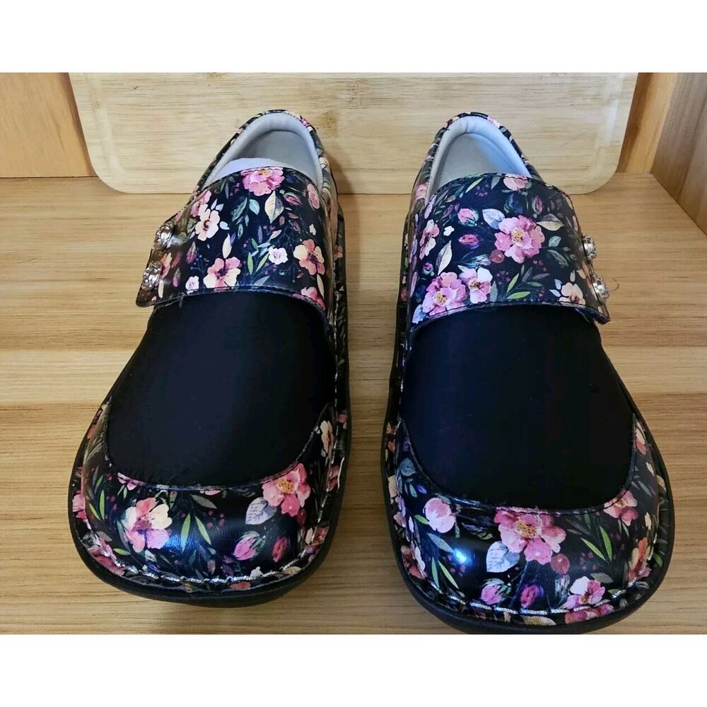Alegria Leather Slip-On Shoes with Cross Strap Sandy Wide Pink Floral Size 8-8.5